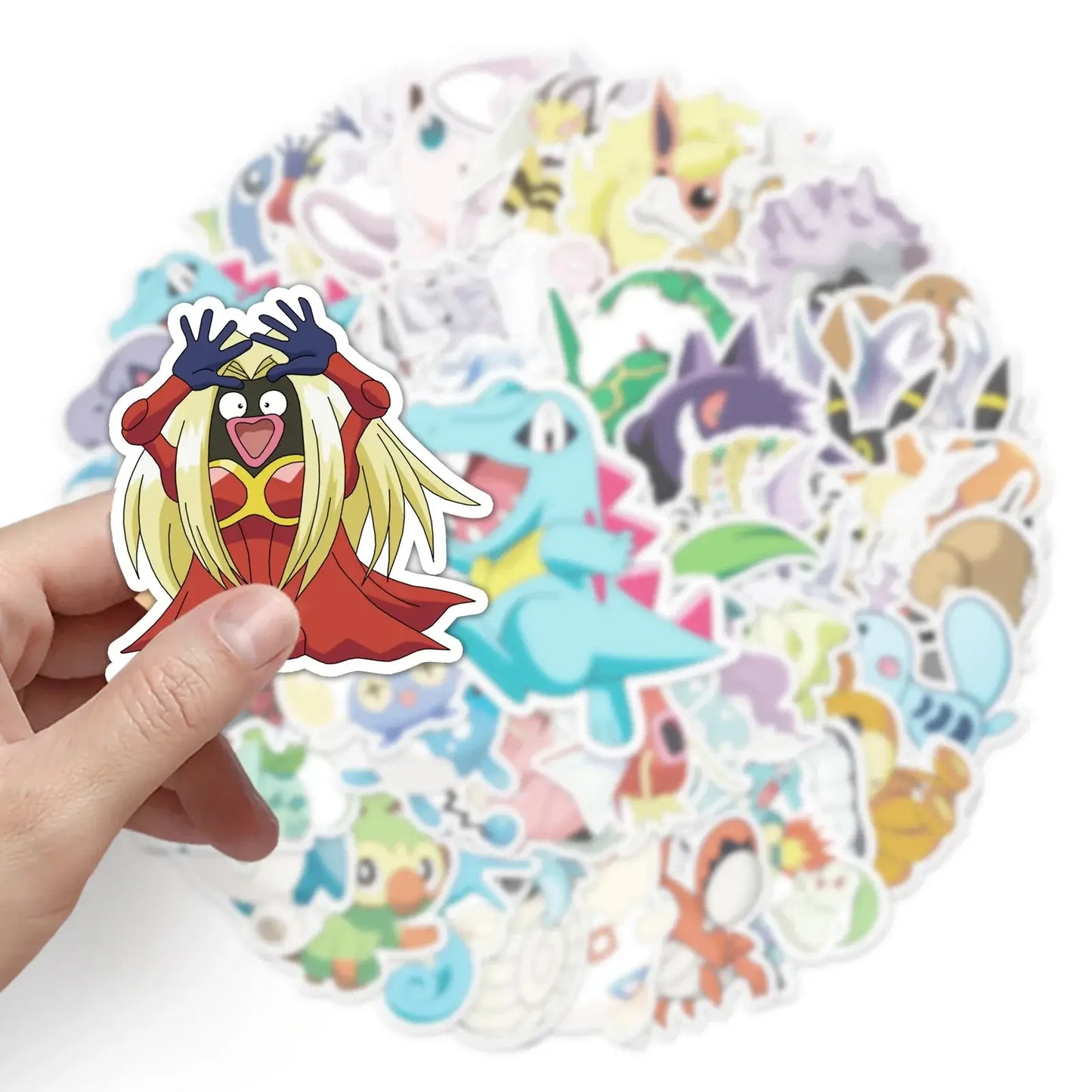 Pokemon Stickers Pack – Cute Vinyl Decals for Water Bottles, Laptops & More featuring a hand holding a colorful sticker.