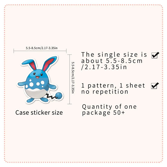 Pokemon Stickers Pack – Cute Vinyl Decals for Water Bottles, Laptops & More featuring a cute design and size details.
